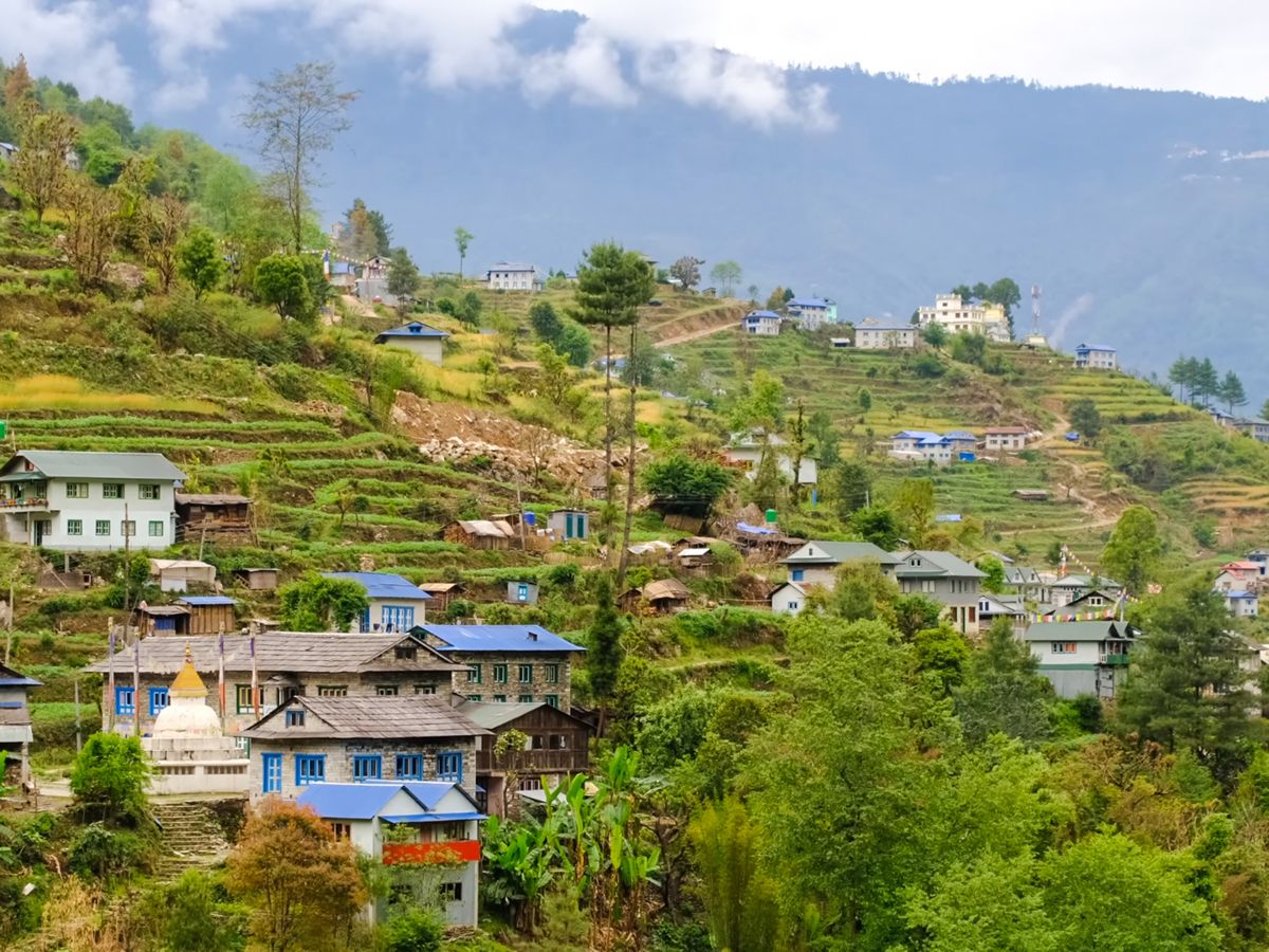 A Himalayan village built on steep terraced mountain slopes in Nepal